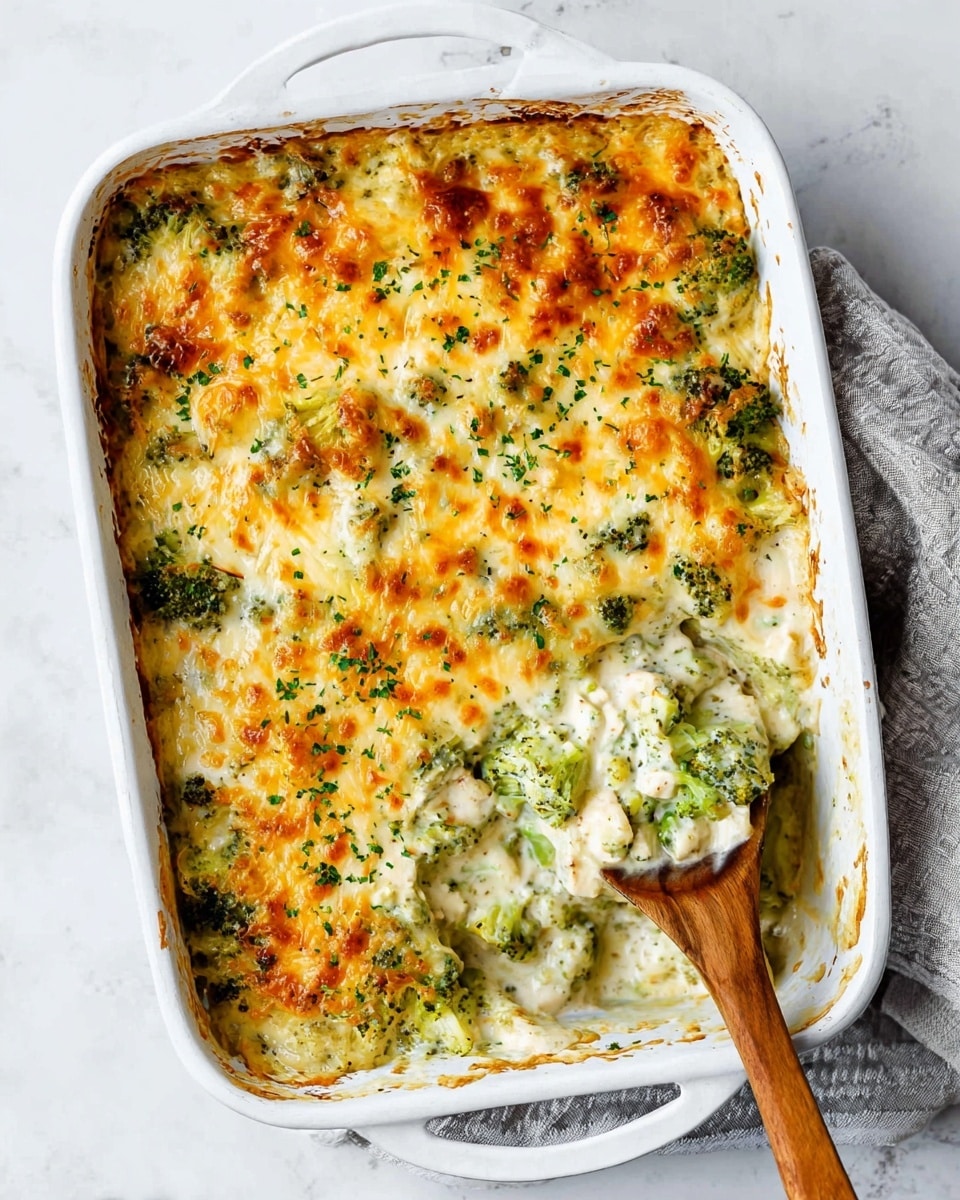 A white baking dish with golden brown melted cheese on top of a broccoli and chicken casserole, showing green broccoli bits mixed into a creamy white layer beneath the cheese. The cheese is bubbly and browned in spots, sprinkled lightly with green herbs. A wooden spoon is scooping a portion from the bottom right corner, revealing the creamy, mixed layers inside. The dish sits on a light cloth on a white marbled surface photo taken with an iphone --ar 4:5 --v 7