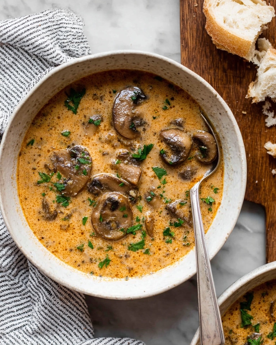 A white bowl filled with creamy mushroom soup with visible chunks of brown mushrooms and a light orange-brown broth. The soup is garnished with small green parsley pieces scattered on top. A spoon with a long handle rests inside the bowl on the right side, partially submerged in the soup. The bowl sits on a white marbled background with a piece of torn bread nearby on a wooden board. A striped cloth napkin is partially visible at the bottom left corner. Photo taken with an iphone --ar 4:5 --v 7