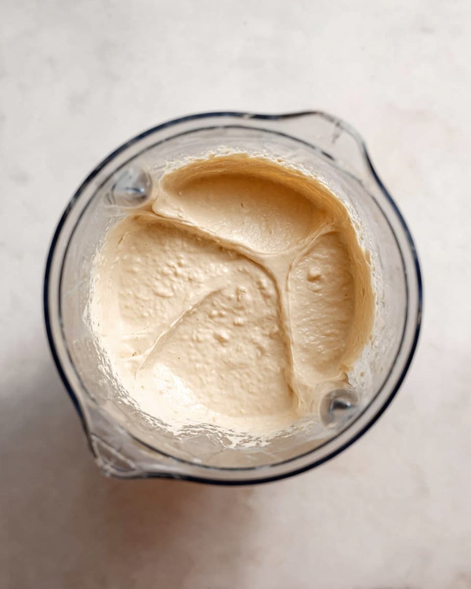 The image shows a top view inside a clear blender container with a creamy light beige mixture. The texture looks thick and smooth with small lumps, spread evenly inside the blender. The blender is placed on a white marbled surface, and there is no plate or other items visible. The mixture fills about one-third of the blender's height. photo taken with an iphone --ar 4:5 --v 7