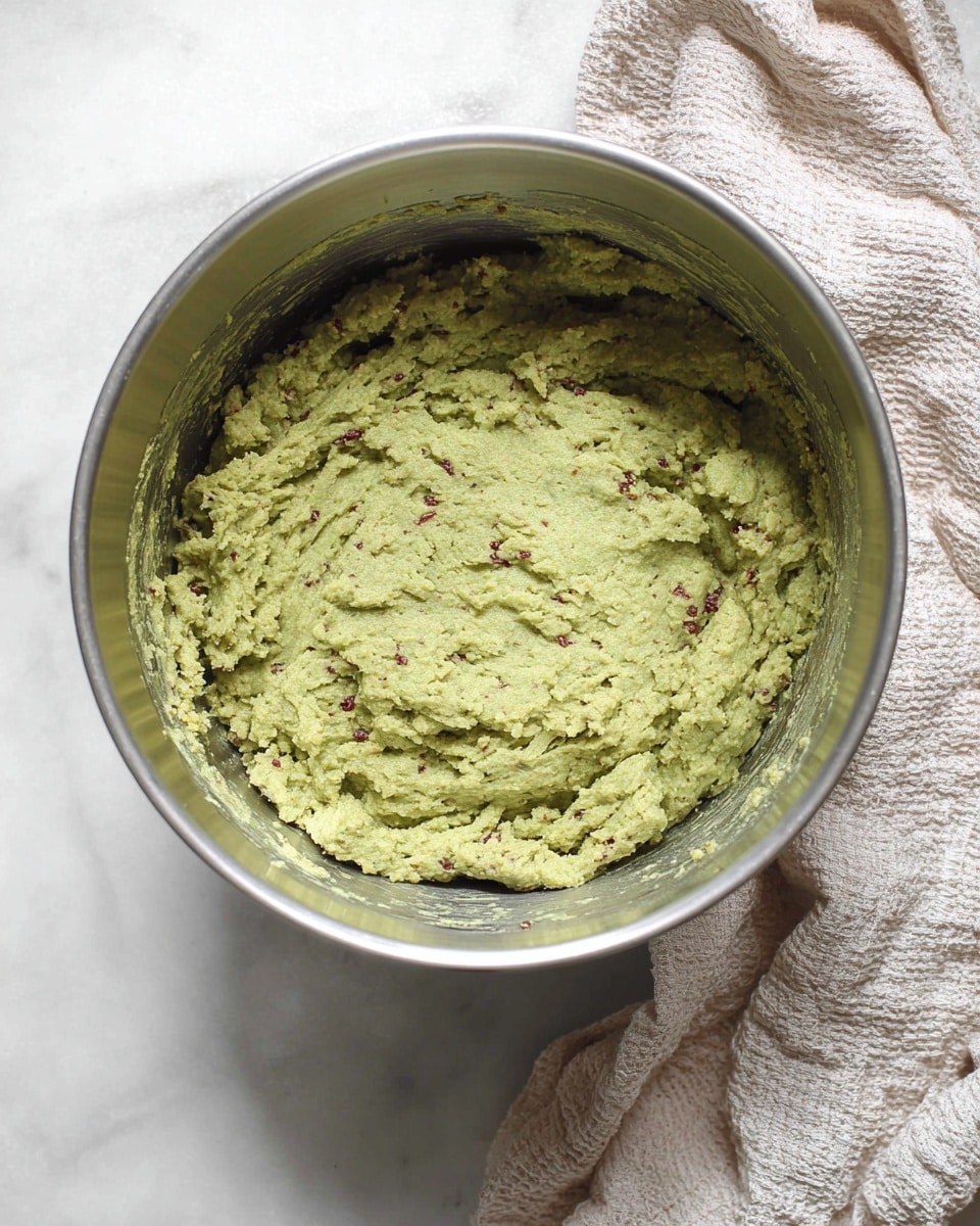 A round stainless steel bowl holds a thick, green dough mixture with a rough texture and small red specks scattered throughout. The dough is spread unevenly inside the bowl, pressed flat at the top in the middle. The bowl sits on a white marbled surface, with a soft, light-colored textured cloth partially visible beside it. The overall scene is simple and clean with natural lighting. photo taken with an iphone --ar 4:5 --v 7