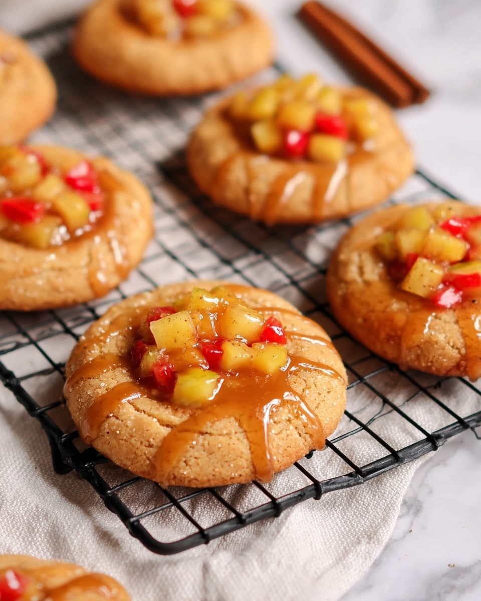 The image shows several round cookies with a golden brown base, each topped with a small mound of diced fruit pieces in yellow and red shades. The fruit sits in the center of the cookie within a shallow indented area. A glossy light brown sauce is drizzled over the fruit and cookie, flowing slightly down the sides. The cookies are placed on a black metal cooling rack over a white cloth that rests on a white marbled surface. A single cinnamon stick is visible in the background near the top of the image. Photo taken with an iphone --ar 4:5 --v 7