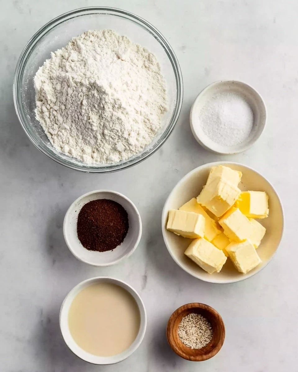 The image shows six bowls arranged on a white marbled surface. At the top left, there is a large clear glass bowl filled with white flour. To the right, a medium white bowl contains several yellow butter cubes. Below the flour bowl, a small white bowl holds a dark brown powder, possibly ground coffee or spices. Next to it on the right, another small white bowl contains a light beige liquid, looking creamy. Below that, a small white bowl has a dark brown granular substance. To the far right, a tiny wooden bowl holds a few light brown and white grains, perhaps salt and spices. The bowls are neatly placed with clear separation, showing a mix of dry and wet ingredients. photo taken with an iphone --ar 4:5 --v 7