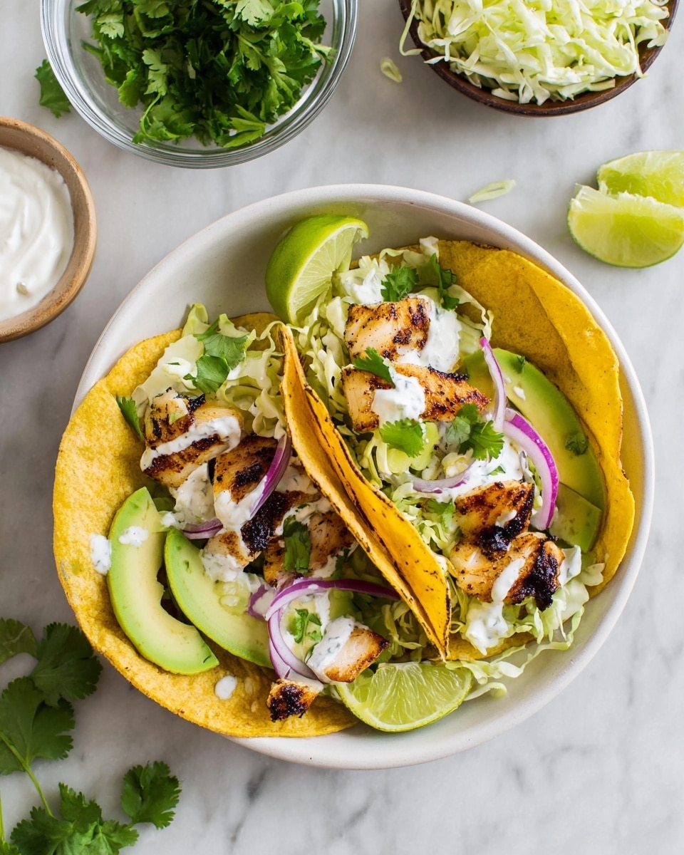 Two yellow corn tortillas hold the dish, each filled with several layers. The first layer is white shredded cabbage, topped with grilled golden-brown fish pieces with some dark char marks. On top of the fish are slices of green avocado and thin rings of purple onion. Dollops of white cream are spread over the layers and sprinkled with fresh green cilantro leaves. Each taco also has a wedge of bright green lime tucked inside. The tacos sit in a white bowl placed on a white marbled surface, surrounded by small white bowls of extra white cream and white cheese, a glass bowl of shredded cabbage, and sprigs of fresh green cilantro. Photo taken with an iphone --ar 4:5 --v 7