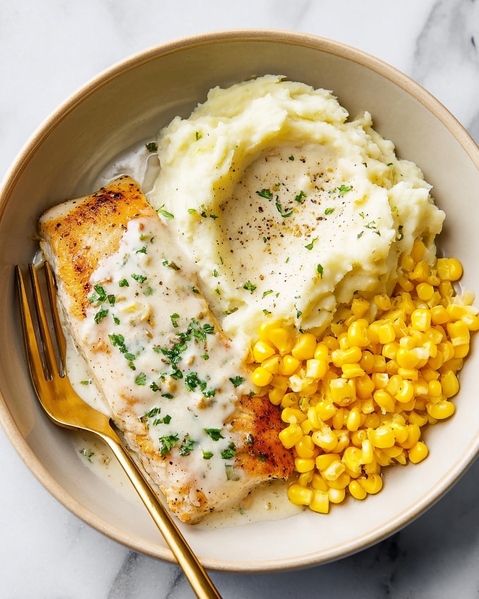 A white bowl holds a meal with three main parts: on the left, a piece of browned fish topped with a creamy white sauce sprinkled with green herbs; in the middle-right, smooth, white mashed potatoes also covered lightly in sauce with a few specks of black pepper and green herbs; at the bottom right, bright yellow corn kernels. A gold fork rests on the left side of the bowl, and the setting is on a white marbled surface. photo taken with an iphone --ar 4:5 --v 7