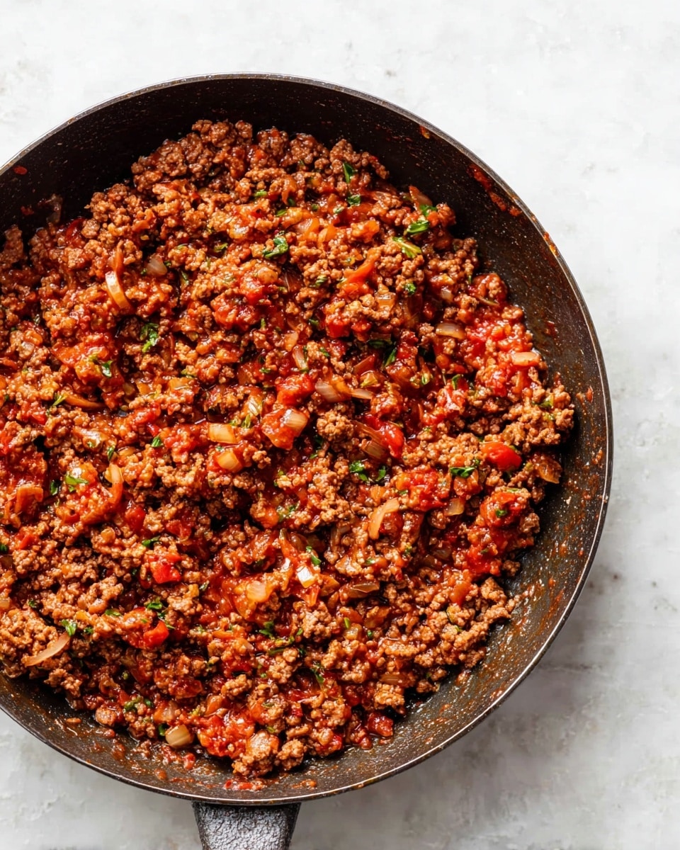 A dark metal pan filled with a thick layer of cooked ground meat mixed with small chunks of onions, red tomatoes, and green herbs, all coated in a rich reddish-brown sauce with a slightly shiny wet texture. The meat mixture spreads evenly to cover the whole inside of the pan, showing a mix of fine and small uneven pieces. The pan sits on a white marbled surface. photo taken with an iphone --ar 4:5 --v 7