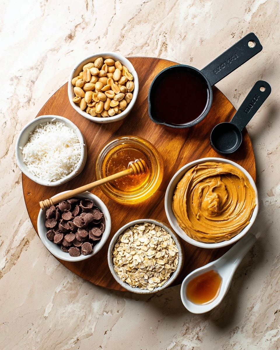 This image shows a round wooden board with several white bowls and measuring cups filled with different ingredients arranged on it. Starting from the top left, there is a bowl with whole peanuts and another bowl with a dark brown liquid on the top right. Below the peanuts, there is a black measuring cup holding shredded coconut, and next to it on the right, another black measuring cup holds creamy peanut butter with a smooth swirled texture. In the middle of the board, there is a jar of golden honey with a clear honey dipper inside. On the bottom left, a bowl is filled with small chocolate pieces shaped like tiny cups, and the largest bowl at the bottom right contains dry oatmeal flakes. A white ceramic spoon lies near the honey jar with a small amount of brown liquid in it. The background surface has a white marbled texture photo taken with an iphone --ar 4:5 --v 7
