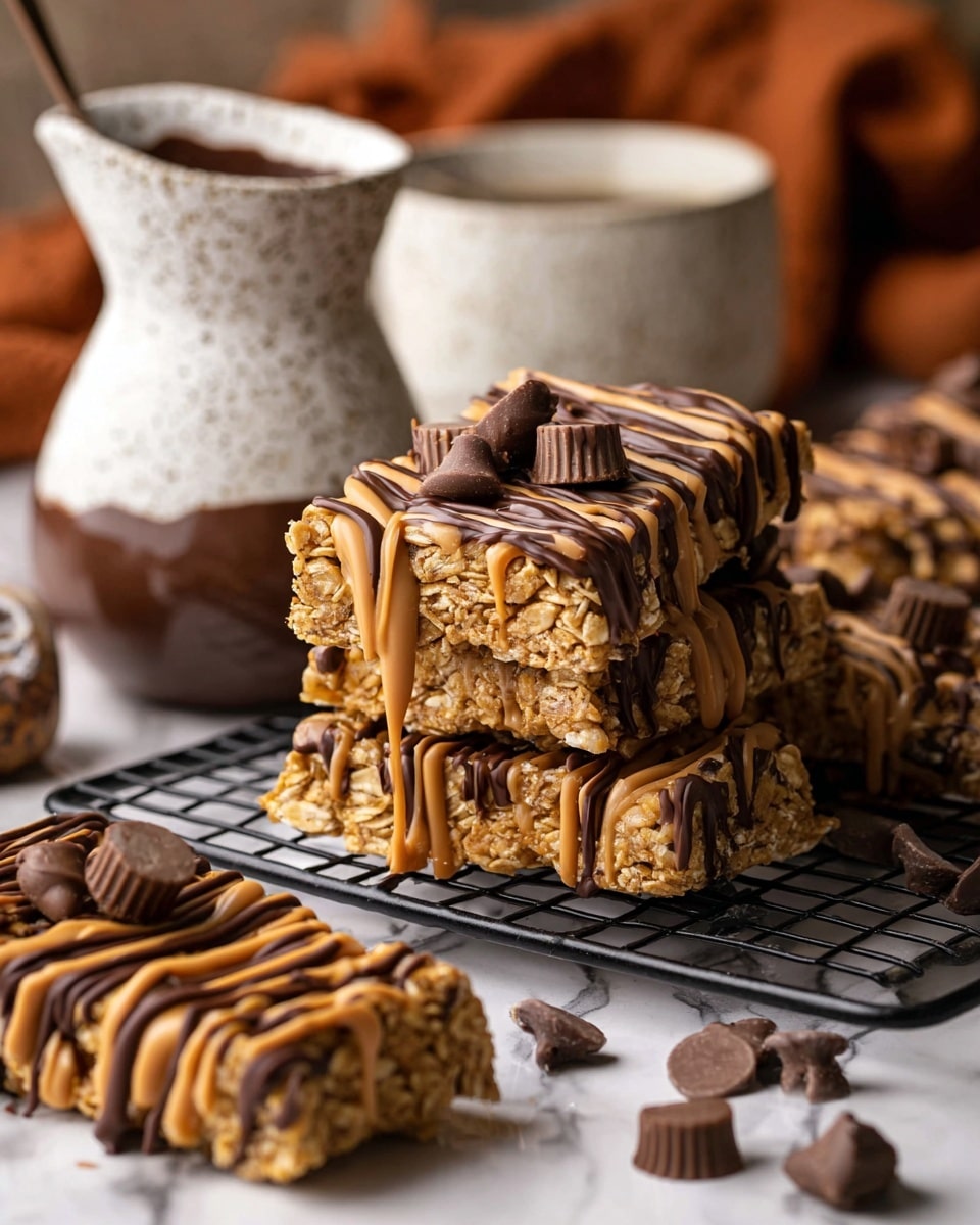 A close-up view of a stack of three thick granola bars on a black wire rack. Each bar has a golden brown oat base mixed with peanut butter pieces and is drizzled with smooth light brown peanut butter sauce and dark chocolate sauce in alternating lines. Small chocolate peanut butter cup pieces are embedded within the top bar and scattered around the base. In the foreground, part of another similarly decorated granola bar lays on the rack. To the left, there is a white speckled ceramic pitcher filled with melted dark chocolate, and in the background, a white speckled cup gives a warm feel. The scene sits on a white marbled surface. Photo taken with an iphone --ar 4:5 --v 7