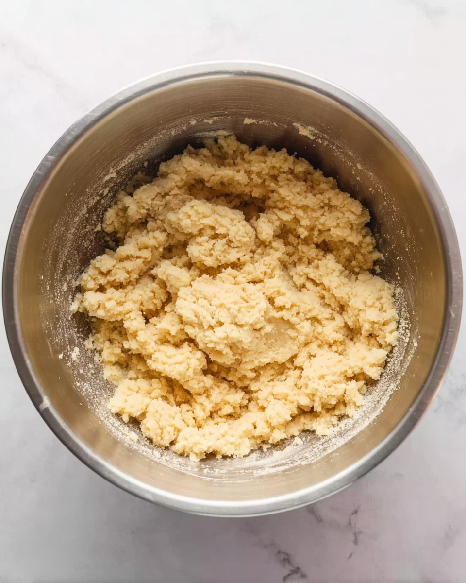 The image shows a silver metal mixing bowl filled with a crumbly dough mixture that is pale yellow and uneven in texture. The dough appears thick, rough, and slightly clumpy, spread across the bottom and sides of the bowl. The bowl is placed on a white marbled surface, which adds a clean and bright background to the scene. No other objects or colors are visible in the image. photo taken with an iphone --ar 4:5 --v 7