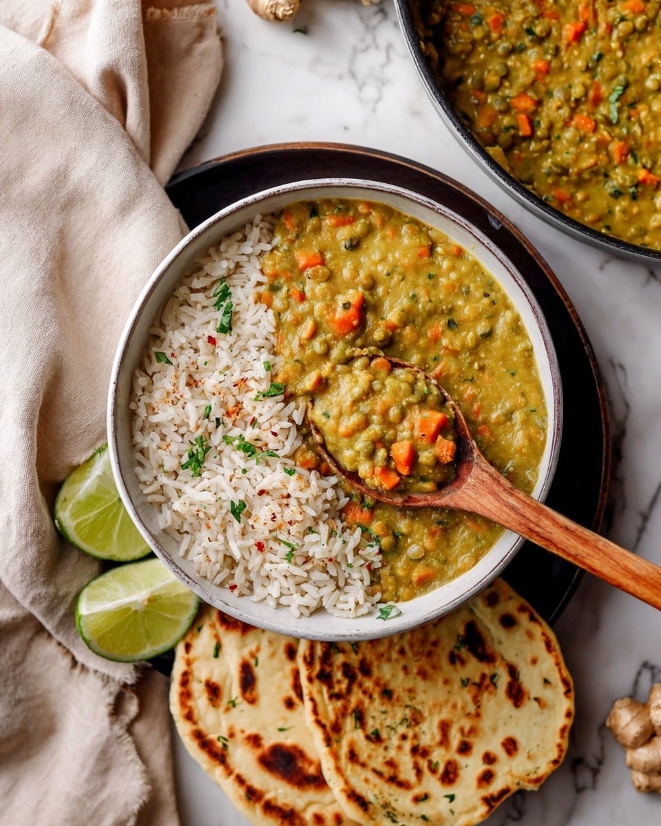 A bowl filled with two main layers: one half has white rice sprinkled with a few small green herbs, and the other half is covered with a thick greenish-yellow lentil curry with visible pieces of orange carrots and small green herbs on top. A wooden spoon with a curved handle rests inside the bowl, holding a scoop of the lentil curry. The bowl is white with a dark rim and sits on a dark round plate. Nearby, there are two rounds of flatbread with browned spots on their surface, a wedge of lime, and a small piece of ginger, all placed on a white marbled texture surface. A soft beige cloth is draped gently on the left side. In the top part of the image, a pan with more of the lentil curry with carrots is partly shown. photo taken with an iphone --ar 4:5 --v 7