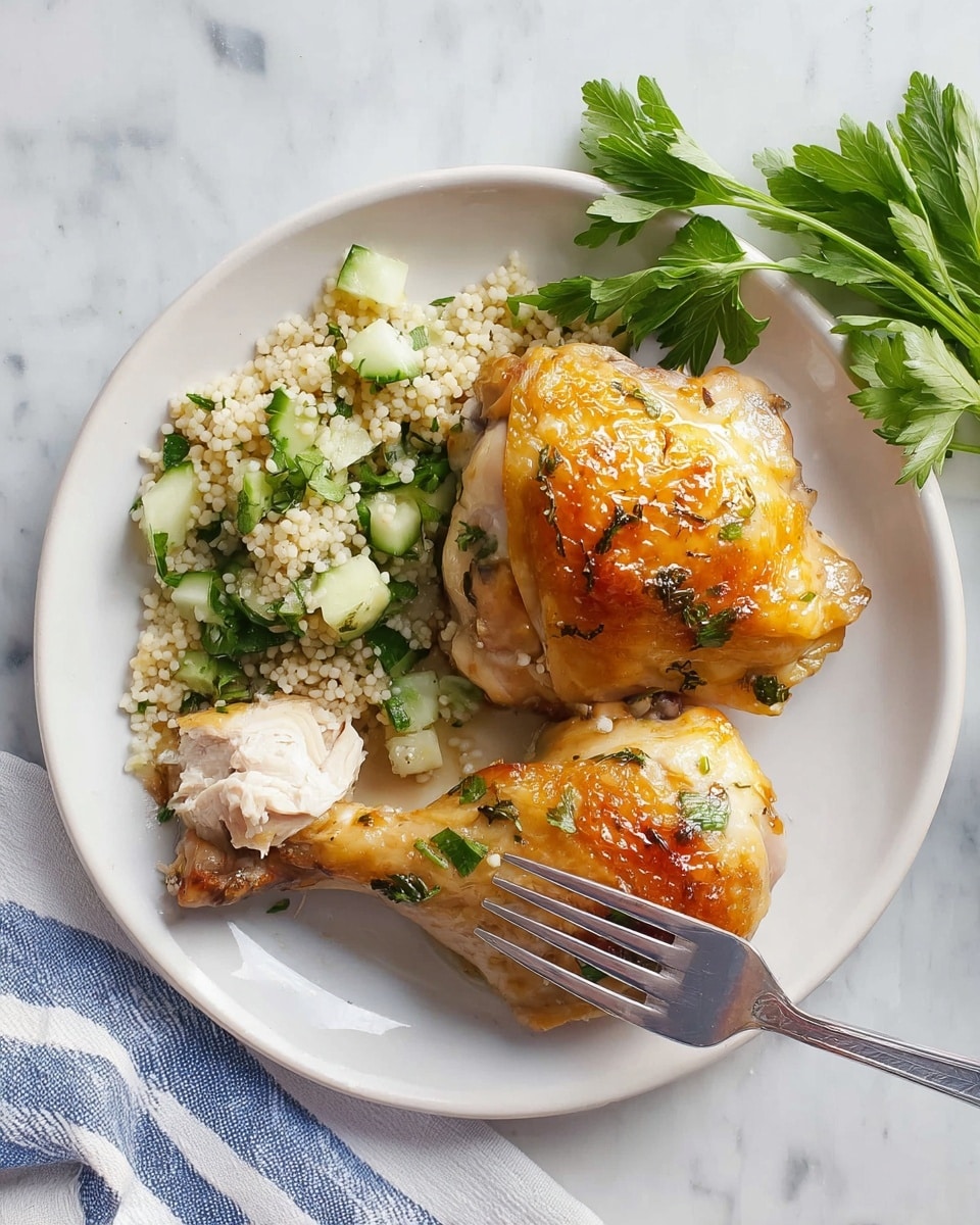 A white plate sits on a white marbled surface, holding two pieces of golden brown roasted chicken with a shiny, slightly crispy skin and some herbs baked into the top layer. One piece is a drumstick positioned at the top right of the plate, and below it is a chicken thigh, slightly opened with a silver fork holding a piece of the cooked, juicy white meat. On the left side of the plate, there is a layer of small round couscous mixed with chopped green cucumber and parsley, giving a fresh light green and white texture. In the top right corner near the plate, fresh parsley leaves rest on the marble surface, while a striped blue and white cloth is visible on the bottom right. Photo taken with an iphone --ar 4:5 --v 7