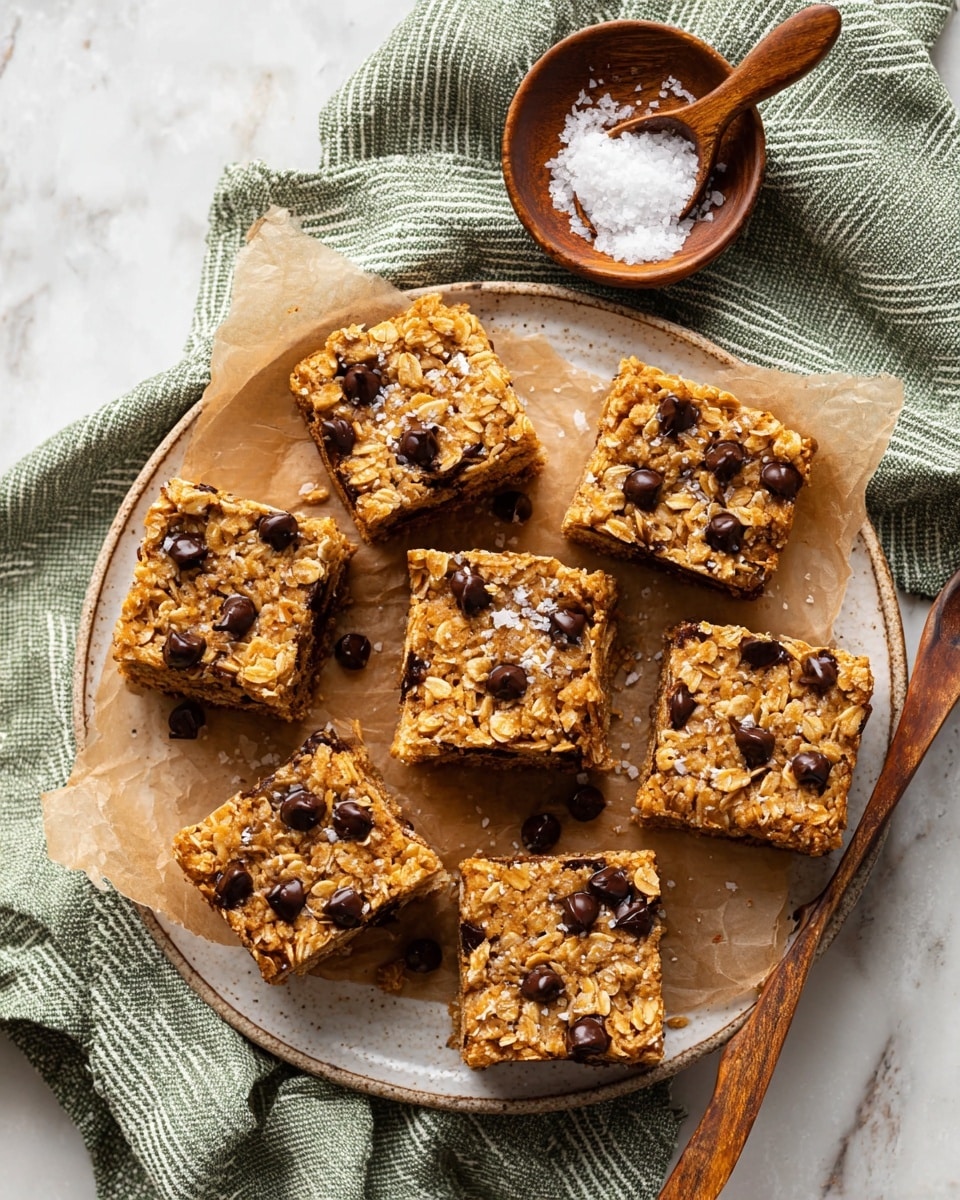 Seven square oat bars with a golden brown color and a textured top showing oats and dark brown chocolate chips scattered on each piece. The bars are placed on light brown parchment paper on a white plate, with some flakes of sea salt sprinkled over them. The plate sits on a green and white striped cloth, and above the plate is a small wooden bowl filled with coarse salt with a wooden spoon resting in it, all set on a white marbled surface. photo taken with an iphone --ar 4:5 --v 7