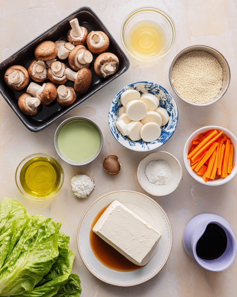 A top view of various cooking ingredients arranged neatly on a white marbled surface, including a black plastic tray filled with whole brown mushrooms on the left. To the right, there is a small white bowl with blue lines filled with white sesame seeds, and next to it a clear glass container with a yellow liquid inside. Below these are a small white bowl with blue stripes containing a light green liquid, a round metal container filled with round white slices stacked on top of each other, and a clear glass bowl full of thin orange carrot sticks. At the bottom left, a bunch of green leafy lettuce rests next to a small blue bowl with white powder. Centered below is a small white jug filled with brown sauce, a white plate with blue dots holding a large square block of white tofu, and a small purple jug with a dark liquid inside. Photo taken with an iphone --ar 4:5 --v 7