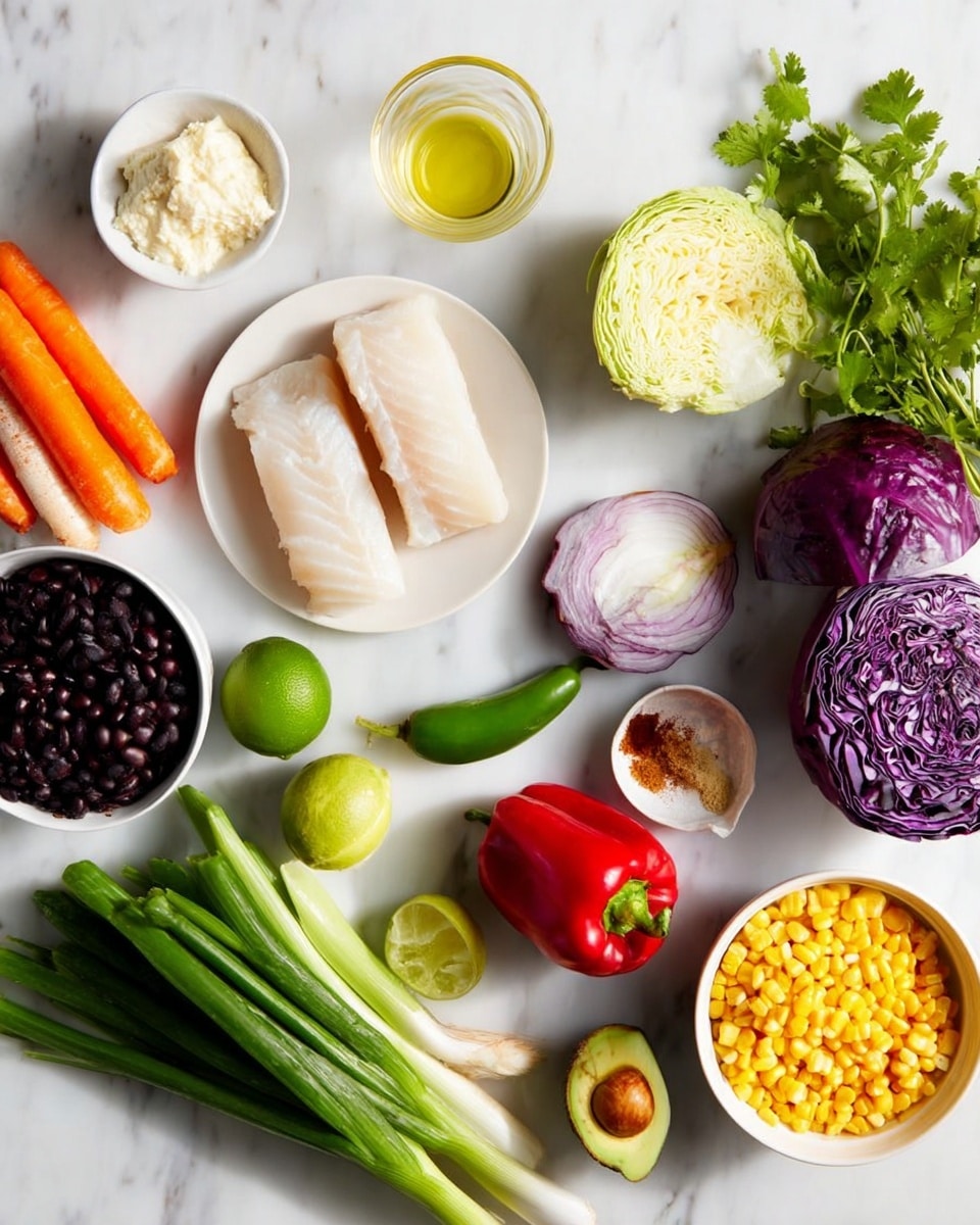 This image shows fresh ingredients arranged on a white marbled surface. In the top left, a small white bowl holds a creamy white substance, next to three thick pieces of white fish on a white plate. Beside that, a small glass container has a clear yellow liquid. Two halves of cabbage, one light yellow-green and the other purple, sit near a bright orange carrot and two long green onions with white bulbs at the bottom. Two bright green limes are placed in the center with a small piece of red bell pepper and a slice of red onion below them. A cut green chili pepper and a small white bowl with brown spice powder are also visible near the bottom. To the right, there is a whole avocado near green cilantro leaves, a white bowl full of black beans, and another smaller white bowl filled with yellow corn. photo taken with an iphone --ar 4:5 --v 7