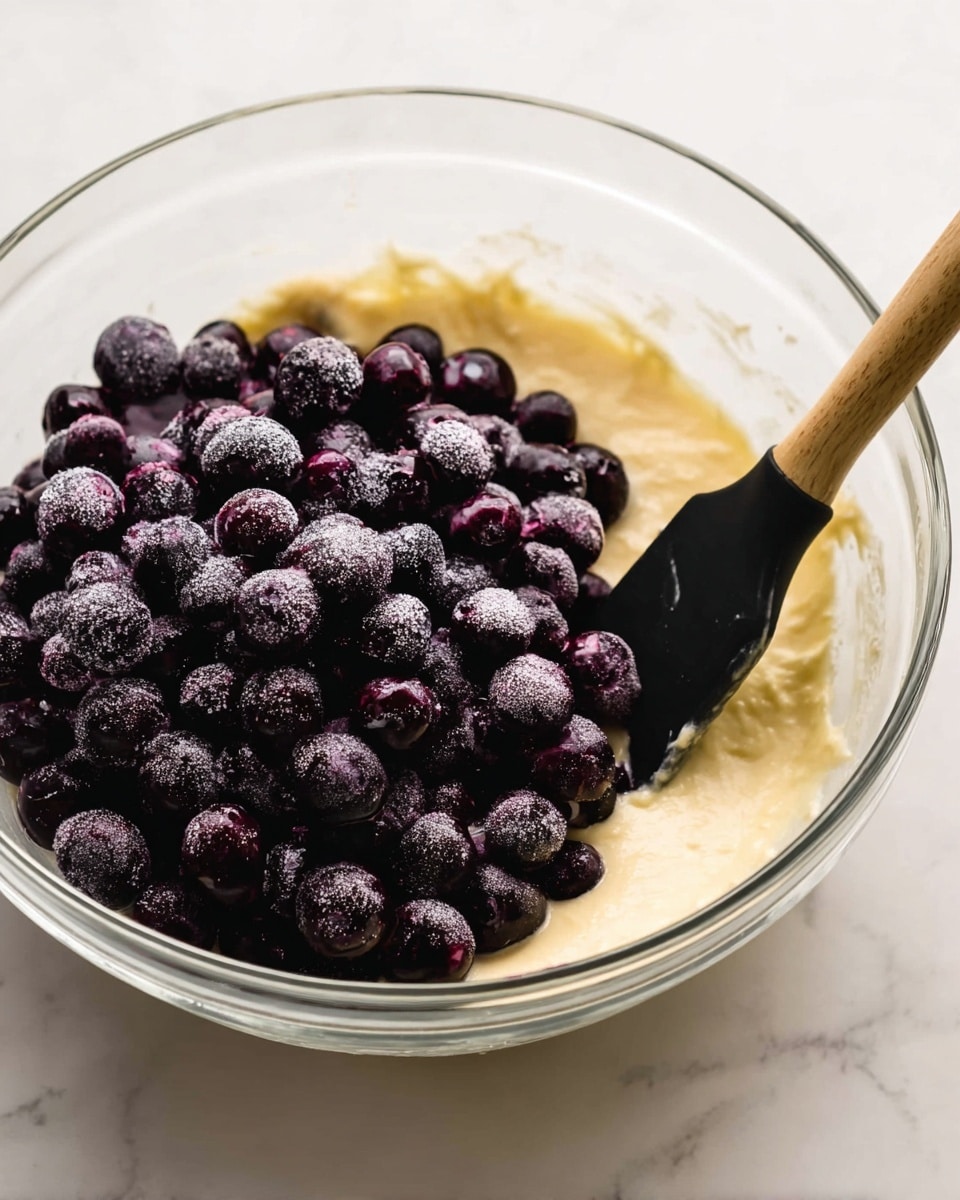 A clear glass bowl on a white marbled surface holds a pale yellow creamy batter as the bottom layer. On top of the batter is a thick, dense layer of dark purple blueberries, some frosted with a light dusting of ice crystals, showing their round shapes and smooth texture. A black spatula with a wooden handle is partially submerged in the batter on the right side of the bowl, angled slightly upwards. The scene is bright and close up, focusing on the textures and colors of the batter and the blueberries. photo taken with an iphone --ar 4:5 --v 7