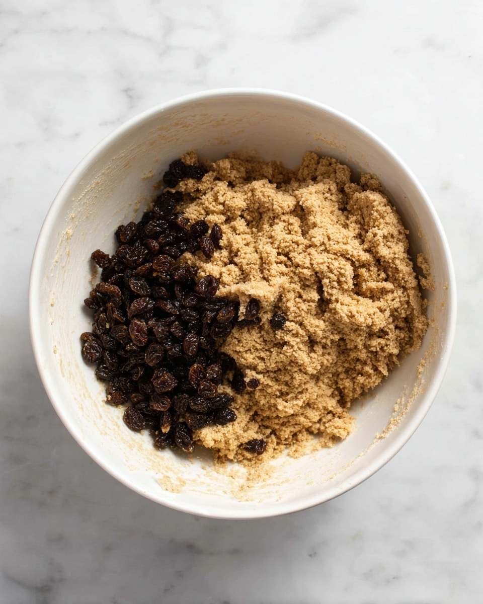 A white bowl sits on a white marbled surface. Inside the bowl, there are two main layers: on the right side is a light brown, crumbly dough mixture with a rough texture, and on the left side is a pile of dark brown to black raisins resting on the dough. The mixture and raisins fill about half of the bowl, and the bowl's inner sides show smudges of the dough. photo taken with an iphone --ar 4:5 --v 7