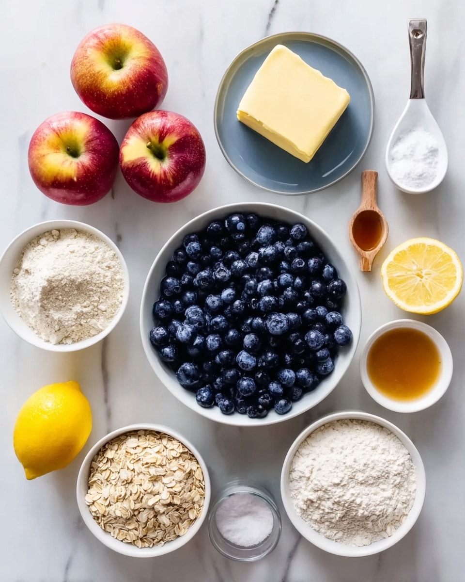 The image shows several baking ingredients arranged neatly on a white marbled surface. In the center, there is a large white bowl filled with fresh blueberries, dark blue in color and round in shape. Around this bowl are five shiny red and yellow apples, placed evenly. There are small white bowls and dishes with different ingredients: a square block of pale yellow butter on a gray plate, a bowl of white flour, a bowl of rolled oats, a small dish of white baking powder, a small brown wooden spoon holding white salt, a small white bowl of white sugar, and a small dish of golden brown vanilla extract. Two lemon halves are also placed on the surface, showing bright yellow flesh. The arrangement is clean and bright, with natural light showing the textures clearly. photo taken with an iphone --ar 4:5 --v 7