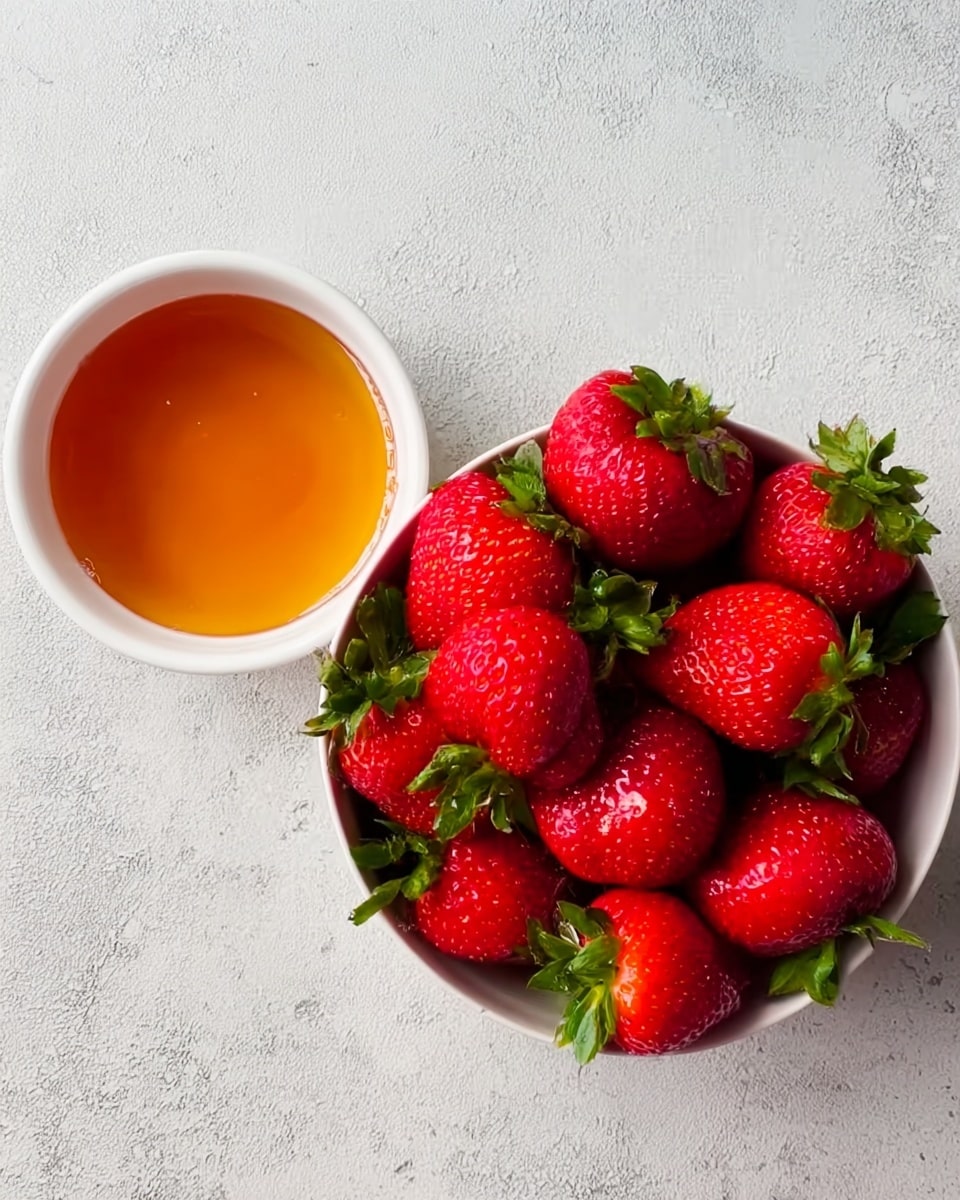 The image shows a white bowl filled with fresh, bright red strawberries with green leaves attached, arranged closely together. Next to it, on the left side, there is a small white bowl containing golden honey with a smooth, shiny surface. Both bowls sit on a white marbled textured surface. The lighting highlights the shiny, smooth texture of the strawberries and the glossy look of the honey. Photo taken with an iphone --ar 4:5 --v 7
