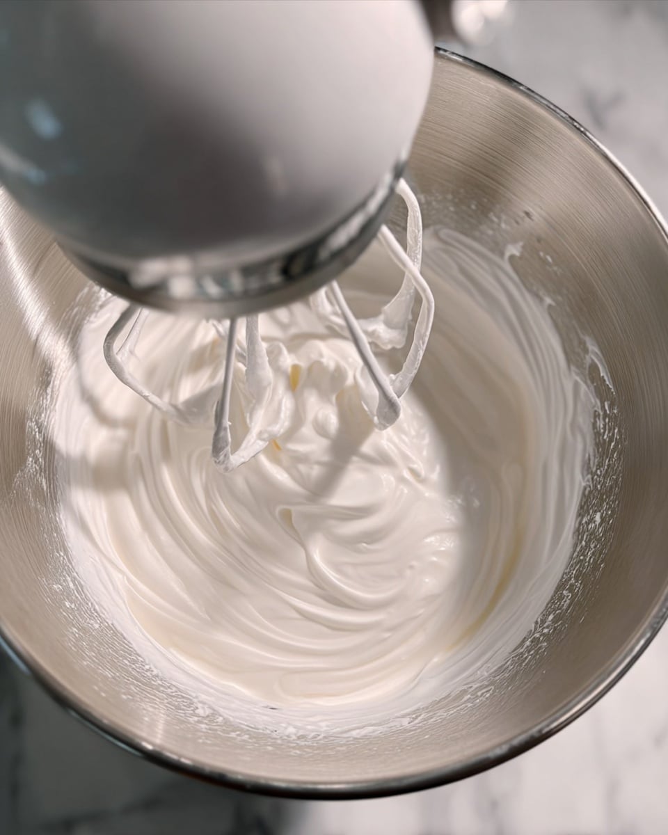 The image shows a close-up of a white stand mixer mixing a smooth, thick white cream in a shiny silver bowl. The cream has soft, wavy peaks and looks light and fluffy. The mixer beaters are partly inside the cream, stirring gently. The bowl is placed on a surface with a white marbled texture. Photo taken with an iphone --ar 4:5 --v 7