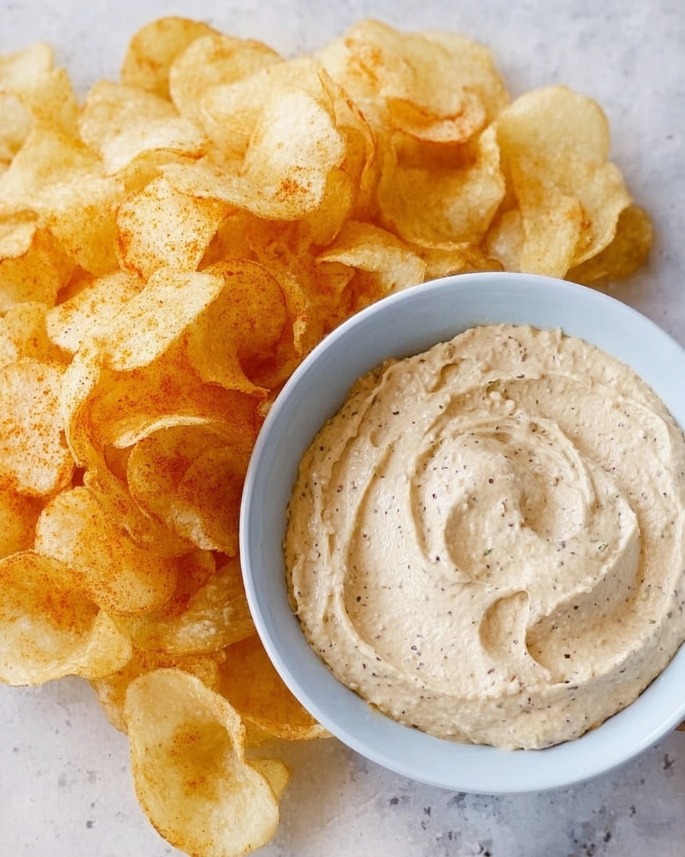 A white bowl filled with light beige creamy dip with small dark flecks swirled on top sits next to a pile of pale yellow crispy potato chips with slight orange seasoning. Both are placed on a white marbled surface. photo taken with an iphone --ar 4:5 --v 7
