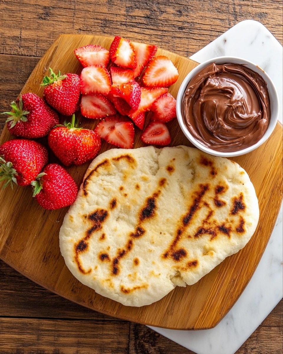 A wooden board holds a round, lightly toasted flatbread with golden-brown grill marks on the right side. To the left of the flatbread, there are fresh strawberries in three forms: whole with green tops, sliced with a bright red interior and white core, and smaller sliced pieces. In the top right corner of the board, a small white bowl filled with smooth, melted chocolate spreads. The board is placed on a white marbled surface with a rustic feel. Photo taken with an iphone --ar 4:5 --v 7