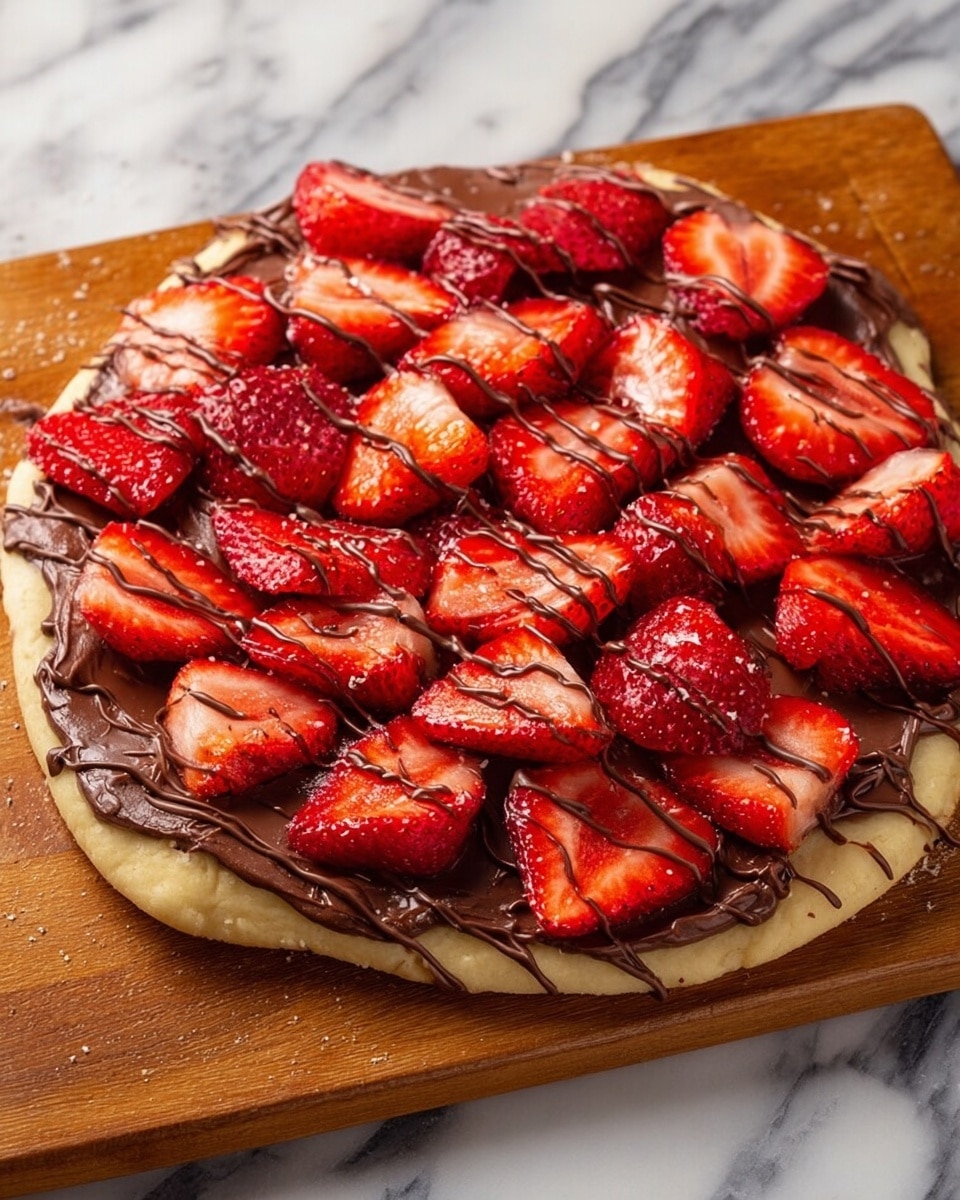 A flat round crust with a light golden-brown color forms the base, topped by a thick, smooth layer of glossy dark chocolate spread evenly across it. On top of the chocolate, many bright red strawberry slices are placed closely together, creating a visually rich and vibrant layer. Thin lines of dark chocolate drizzle are scattered over the strawberry slices, adding a decorative touch and extra texture. The whole dish is presented on a wooden board with a white marbled surface underneath. photo taken with an iphone --ar 4:5 --v 7