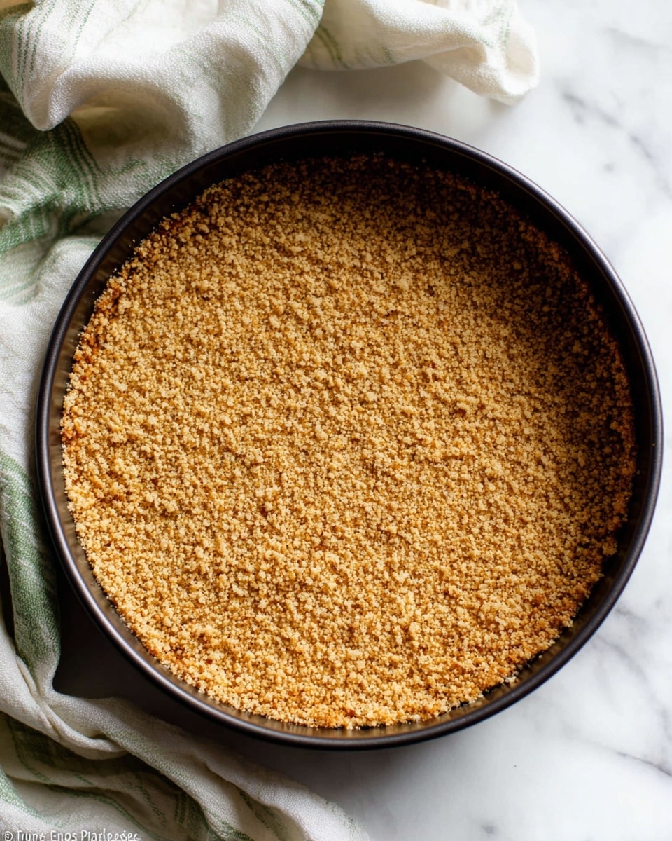 A close-up view of a dark round pan with a thick layer of golden brown crumbly crust pressed evenly along the bottom and up the sides, showing a rough textured surface made from crushed crumbs. The pan sits on a white marbled surface next to a white and green cloth with soft folds. photo taken with an iphone --ar 4:5 --v 7