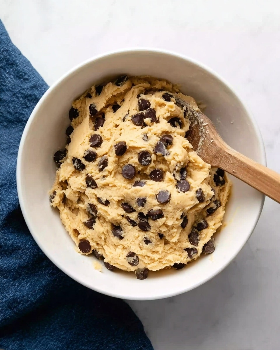 A white bowl filled with thick, light tan cookie dough mixed with many dark brown chocolate chips scattered evenly throughout. On the right side inside the bowl, a wooden spoon is partially buried in the dough with its handle angled outward. The bowl sits on a white marbled surface, and part of a dark blue cloth is visible under the bowl on the left side. photo taken with an iphone --ar 4:5 --v 7