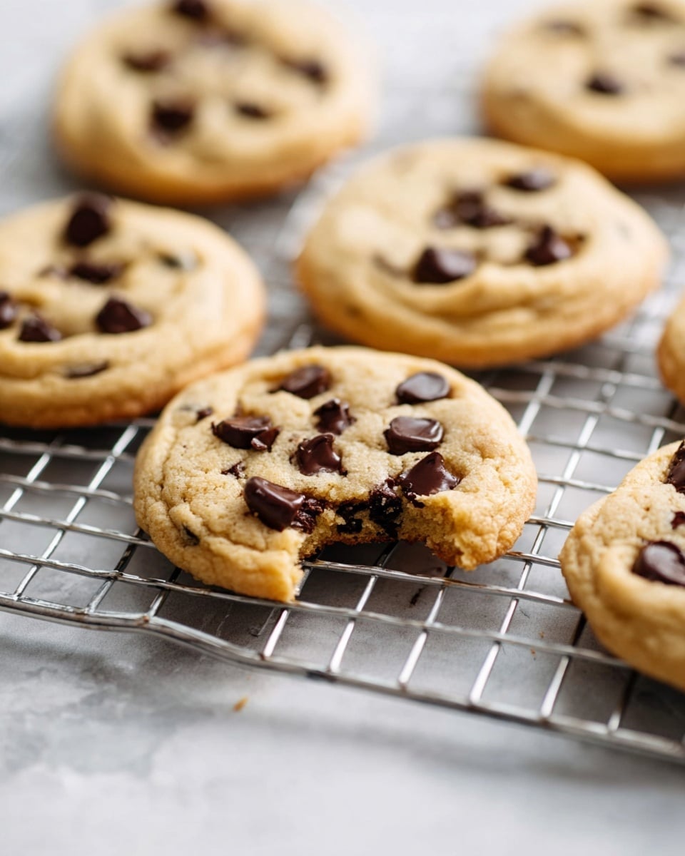The image shows several golden brown cookies with smooth tops, each dotted with multiple dark chocolate chips on their surface. One cookie is near the center with a bite taken out, showing a soft, slightly crumbly inside with melted chocolate chunks inside. The cookies rest on a silver metal cooling rack over a white marbled surface. The light highlights the cookies’ slightly crisp edges and soft centers, giving a warm and fresh-baked look. Photo taken with an iphone --ar 4:5 --v 7