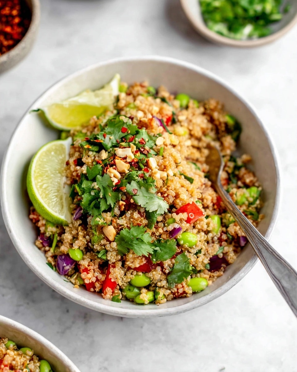 A white bowl filled with a colorful quinoa salad showing multiple layers: a base of light beige quinoa mixed with bright green edamame beans, chopped red bell peppers, and small pieces of purple onion. Fresh green cilantro leaves are scattered on top, along with crushed nuts and red pepper flakes. Two green lime wedges rest on one side of the bowl. A metal spoon is placed inside the bowl, which sits on a white marbled surface with blurred bowls of green herbs and red ingredients in the background. Photo taken with an iphone --ar 4:5 --v 7