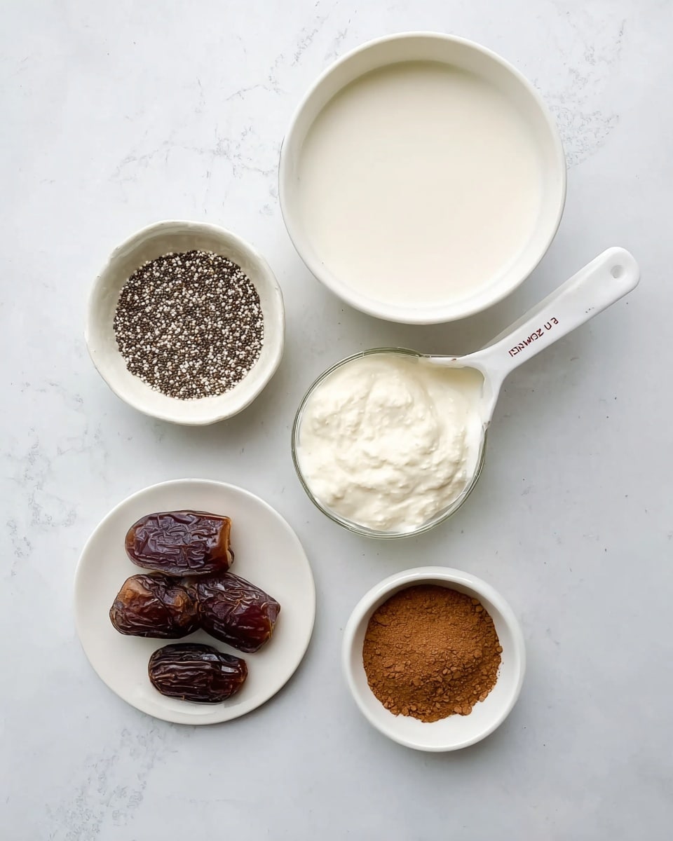 The image shows five small white bowls and a white measuring cup arranged on a white marbled texture. The top large bowl contains a smooth, white liquid. Below it, a small bowl is filled with small black and white seeds. To the right of the seeds, a white measuring cup holds a thick, creamy white substance. Below the seeds, there is a small white plate with shiny dark brown dates. To the right of the dates, another small white bowl holds a fine brown powder. The items are neatly spaced and viewed from above. photo taken with an iphone --ar 4:5 --v 7