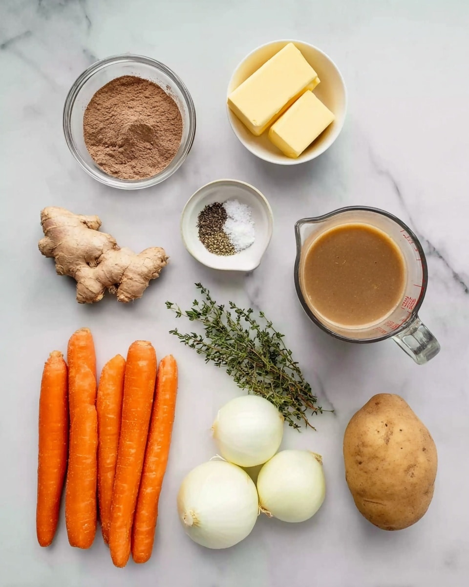The image shows several ingredients arranged neatly on a white marbled surface. Starting from the top left, there is a small clear glass bowl with brown powder, next to it on the right is a small white bowl with two yellow sticks of butter. Below these, a small white bowl holds a mix of white salt and black pepper. To the right, a clear measuring cup is filled with a light brown liquid. Below the powder bowl, a piece of fresh ginger root is placed horizontally. Next to the ginger, a small bunch of green herb sprigs lies flat. Two white onions are to the right of the herbs. At the bottom left, five bright orange carrots are grouped together, and next to the onions on the far right is a single light brown potato. All items are clearly visible and evenly spaced. photo taken with an iphone --ar 4:5 --v 7