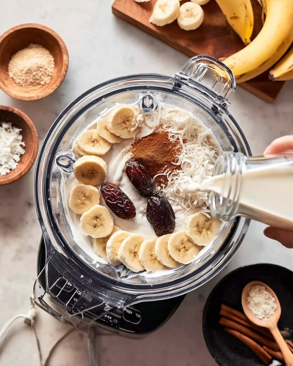 This image shows a blender from the top view containing several ingredients arranged in layers and ready to be blended. The bottom layer is white yogurt, covering the entire base of the blender jar. On top of the yogurt, there are scattered off-white shredded coconut flakes and two whole dark brown dates placed near the center. Surrounding the dates, there are eight thick banana slices arranged evenly along the edges. A small pile of brown cinnamon powder rests on the yogurt near the dates and banana slices. Outside the blender, a woman's hand is pouring milk from a clear glass bottle into the jar. The blender sits on a white marbled surface with some sliced banana pieces, a black bowl with more cinnamon powder and a wooden spoon, a bunch of whole bananas, and some other bowls with white ingredients around it. Photo taken with an iphone --ar 4:5 --v 7
