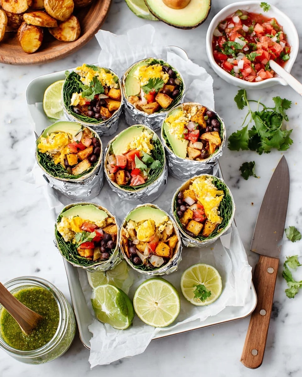 There are six burritos cut in half and wrapped in foil on a white tray lined with white paper, arranged neatly. Each burrito shows colorful layers inside: green avocado slices on top, bright yellow scrambled eggs, red diced tomatoes, black beans, roasted golden potatoes, and green leafy spinach. Around the tray, there are fresh lime wedges, a white bowl with red tomato salsa with green herbs and white onions with a wooden spoon inside, a jar of green sauce with a silver spoon, a bunch of fresh cilantro, half an avocado, a wooden plate with roasted potatoes, and a knife with a wooden handle placed on a white marbled surface. Photo taken with an iphone --ar 4:5 --v 7