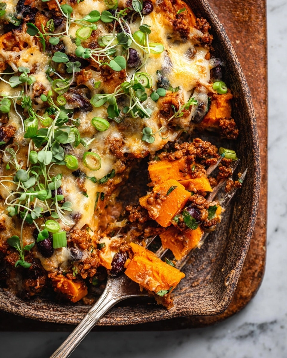 A close-up of a baked dish in a deep, rustic baking pan is shown with two layers, the bottom layer made of soft orange sweet potato chunks and the top layer covered in browned melted cheese mixed with crumbly ground meat and dark kidney beans, sprinkled with sliced green onions and fresh microgreens on top. A silver fork on the right side holds some of the cheesy topping and sweet potato, resting in the pan with bits of orange sweet potato stuck to its prongs. The background is a white marbled texture. photo taken with an iphone --ar 4:5 --v 7