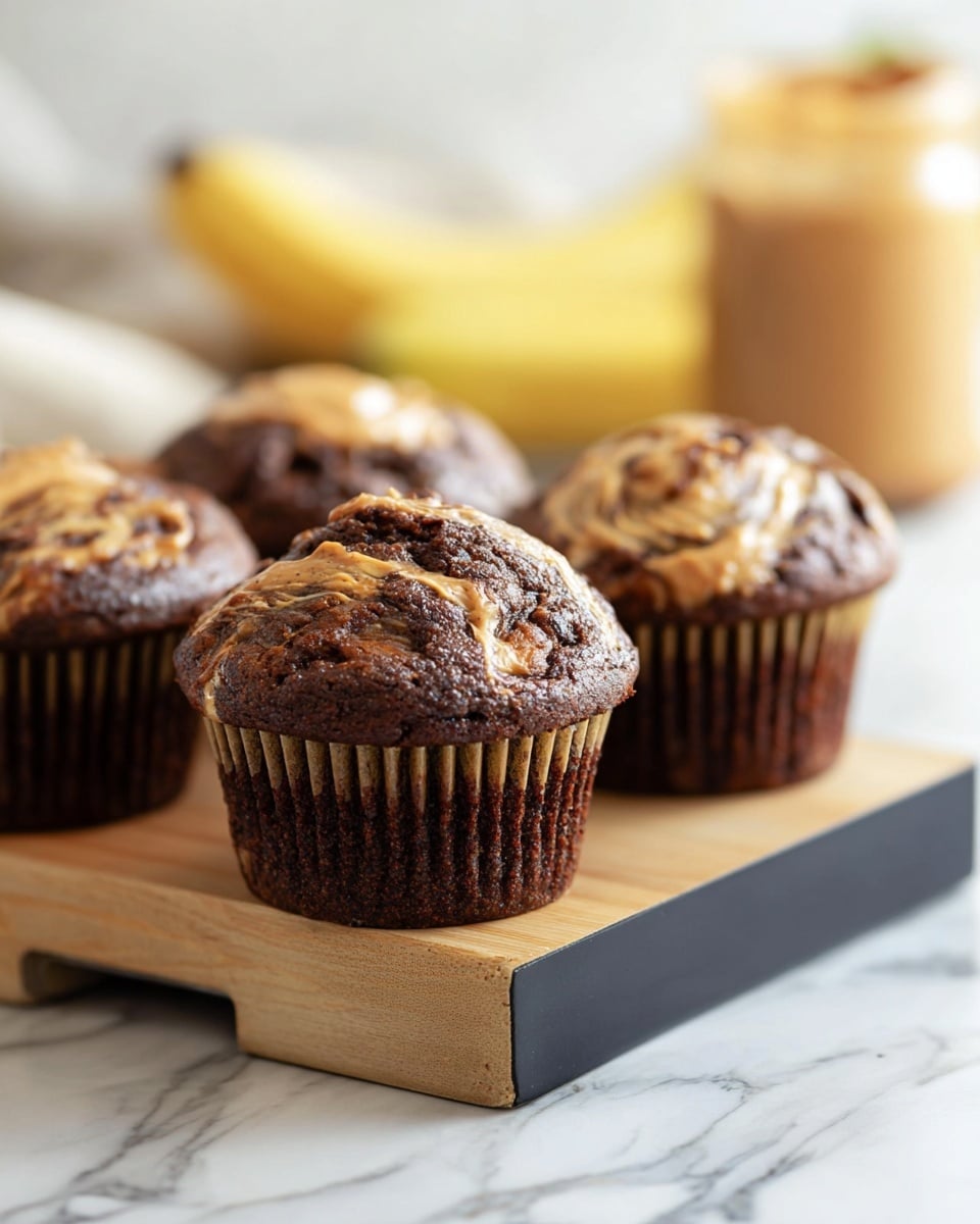 The image shows three chocolate muffins with swirls of light brown peanut butter on top, placed on a small wooden board with a black edge. The muffins have a dark brown, moist texture on the bottom and are topped with a creamy peanut butter swirl, creating a marbled pattern. The background features a white marbled surface with a blurred banana and a jar of peanut butter, adding a soft yellow and light brown touch behind the muffins. photo taken with an iphone --ar 4:5 --v 7