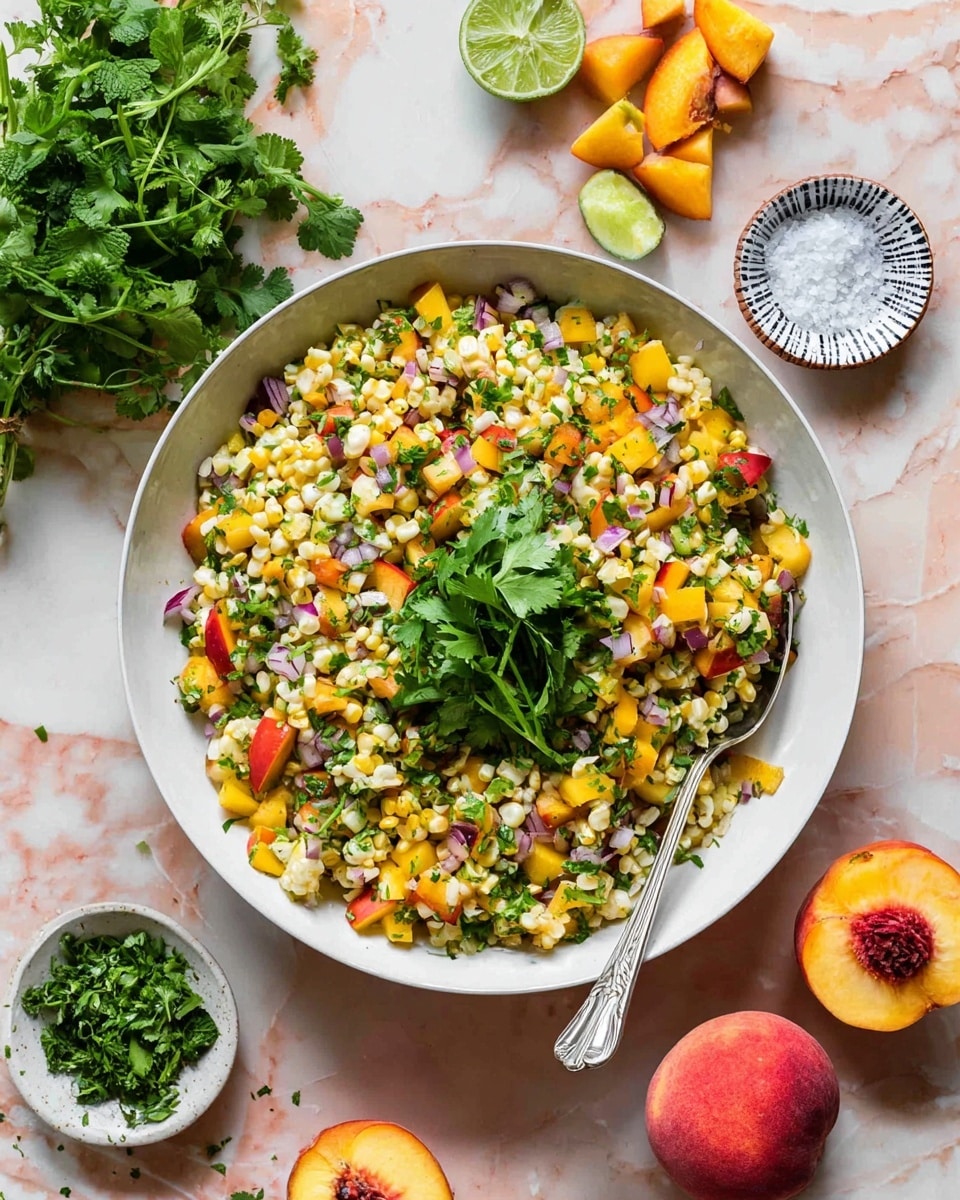 A large white bowl filled with a colorful salad made of small corn kernels mixed with chopped yellow and red peaches, finely chopped red onions, and fresh green herbs, topped with a bunch of cilantro in the center. The salad has a fresh, vibrant look with a mix of yellow, red, green, and white colors. A silver spoon is placed on the right side inside the bowl. Around the bowl, there are fresh green herbs, a small pile of sea salt in a small container, a halved lime with some juice squeezed out, peach cubes and two peach halves placed on a white marbled background. Photo taken with an iphone --ar 4:5 --v 7