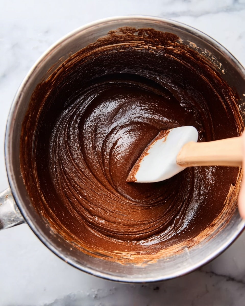 A close-up view of a shiny, smooth dark chocolate batter in a silver mixing bowl, with a woman's hand holding a white spatula that has some batter on it, swirling through the thick mixture. The silver bowl contrasts with the rich brown texture of the glossy batter. The background shows a white marbled texture. photo taken with an iphone --ar 4:5 --v 7