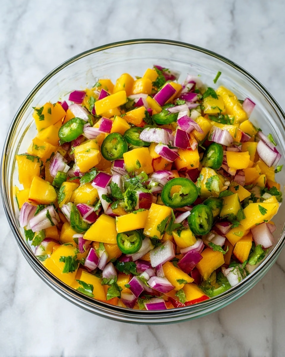 The image shows a clear glass bowl filled with a colorful mix of diced fruits and vegetables. The mix has bright yellow peach pieces, purplish-red onion chunks, small green jalapeño pieces, and green cilantro leaves scattered evenly. The different shapes and colors create a fresh, vibrant look with a variety of textures, some smooth and juicy and others crisp. The bowl is placed on a white marbled surface, enhancing the vivid colors of the ingredients. photo taken with an iphone --ar 4:5 --v 7