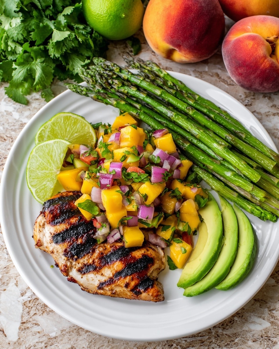 A white plate on a white marbled surface shows a grilled chicken piece with dark grill marks, topped with a colorful mango salsa made of yellow mango chunks, red onion pieces, green herbs, and small green pepper bits. On the top right of the plate, a neat bundle of bright green asparagus spears lies parallel. Below the chicken on the right side, two avocado slices with smooth, light green flesh are placed. On the left side of the chicken, two lime wedges with pale green inside and bright green rinds sit upright. In the background, whole peaches with orange and red skin, a halved lime, and green cilantro leaves add fresh colors. Photo taken with an iphone --ar 4:5 --v 7