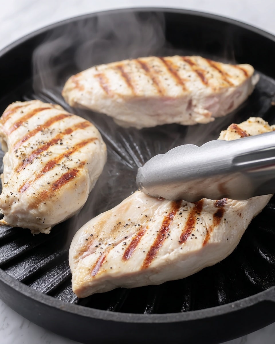 In the image, three pieces of chicken are cooking on a round black grill pan with raised ridges. Each chicken piece has clear, even golden-brown grill marks running horizontally, showing they are partially cooked. The chicken pieces are pale with some light seasoning visible as small black pepper spots. There is steam rising gently from the chicken, indicating it is hot and fresh on the grill. A pair of silver metal tongs is holding the chicken on the right side of the pan. The pan is set on a white marbled surface. Photo taken with an iphone --ar 4:5 --v 7