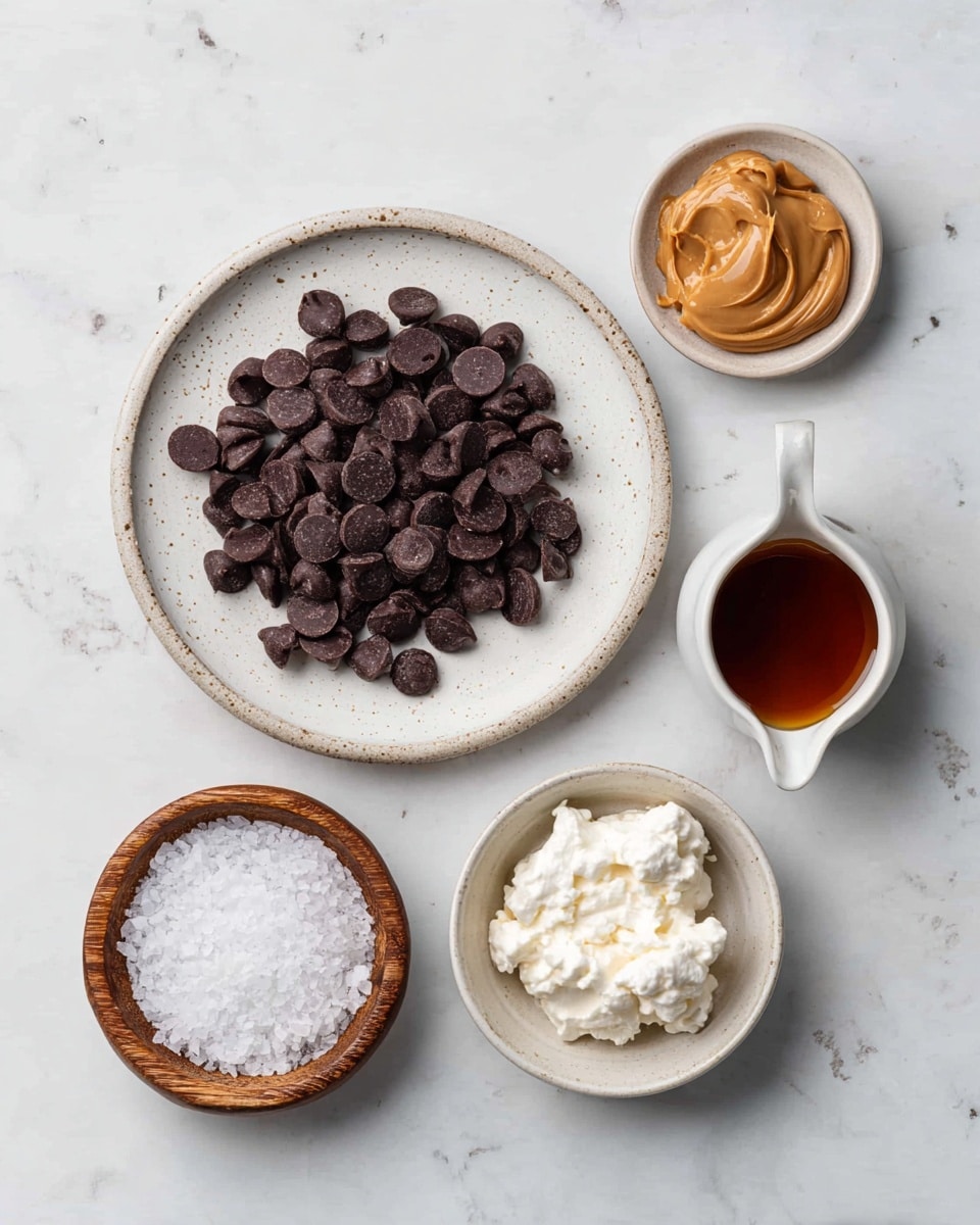 A top view of five small white bowls and plates arranged on a white marbled surface. The largest white plate in the center holds a pile of dark brown chocolate chips, smooth and rounded. Above and to the right, a small white bowl contains light brown, creamy peanut butter with a smooth texture. Next to it, a tiny white pitcher filled with dark amber liquid, likely maple syrup, shows a glossy surface. Below, on the left, a small white bowl holds a fluffy, white coconut cream with soft peaks. To the left of the plate and bowl, a tiny wooden bowl is filled with coarse white salt crystals, creating a rough texture contrast. Photo taken with an iphone --ar 4:5 --v 7