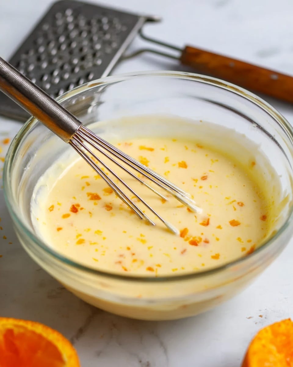 A clear glass bowl filled with a creamy, light yellow mixture speckled with small orange bits is shown. Inside the bowl, a small metal whisk with a shiny handle rests, partially submerged in the mixture. The bowl sits on a white marbled surface, and in the background, there is a metal grater with a wooden handle. In the lower right corner of the image, part of an orange fruit with bright orange flesh is visible. The scene is brightly lit, highlighting the smooth and slightly thick texture of the mixture. photo taken with an iphone --ar 4:5 --v 7