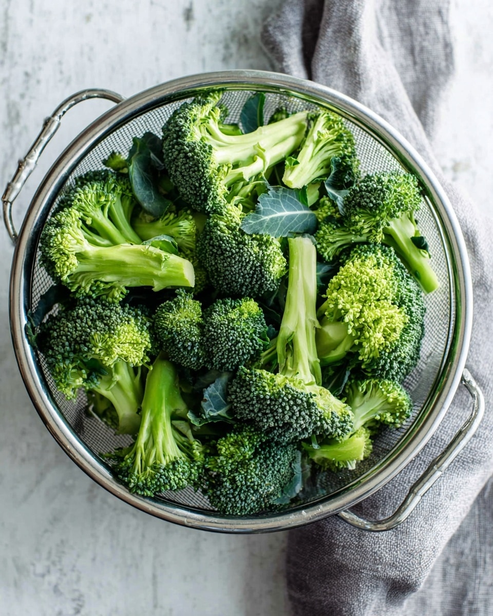 A clear round metal colander filled with fresh green broccoli florets and stems, layered unevenly, some pieces showing light green stems and others with dark green, bumpy florets, with a few dark green leaves mixed in. The colander is placed on a white marbled surface with a grey cloth partially visible on the right side. The lighting is bright and natural, highlighting the fresh texture of the broccoli. photo taken with an iphone --ar 4:5 --v 7