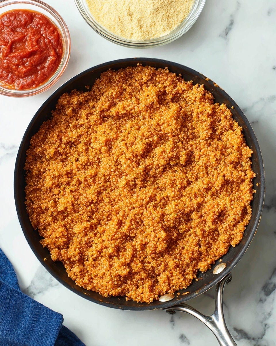 A round black skillet filled with cooked quinoa that is reddish-orange in color, with visible fluffy grains that show texture and slight clumping, spread evenly across the pan. The skillet has a silver handle and rests on a white marbled surface. Two small clear glass bowls sit above the skillet, one filled with pale yellow powder and the other with chunky red tomato sauce. A small part of a blue cloth is visible near the bottom left corner. photo taken with an iphone --ar 4:5 --v 7
