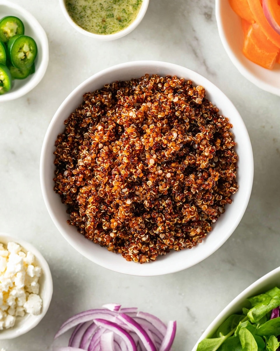 A white bowl filled with cooked red and black quinoa full to the top with small, round grain clusters showing a mix of orange and dark purple colors, placed on a white marbled surface. Around the bowl, there are small white dishes holding sliced purple onions, sliced green jalapenos, crumbly white cheese, and a green herb sauce. Part of a white bowl with leafy salad greens is also visible on the right side. Photo taken with an iphone --ar 4:5 --v 7