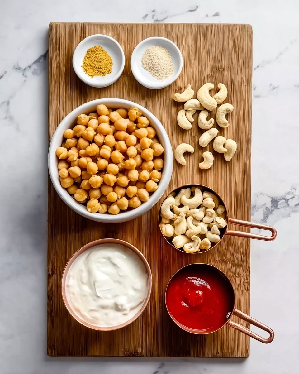 A wooden board sits on a white marbled surface with five bowls arranged neatly on it. In the center is a white bowl filled with round, light brown chickpeas. Above it to the left is a small white bowl holding three small piles of seasoning: coarse salt, yellow powder, and a beige powder. To the right is another white bowl filled with light beige cashew nuts. Below the chickpeas, two small copper measuring cups are placed side by side; the left cup contains thick white yogurt, and the right cup holds bright red sauce. photo taken with an iphone --ar 4:5 --v 7