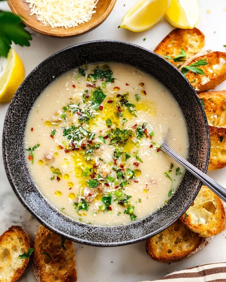 A dark textured bowl holds creamy, light beige soup with small chunks and a smooth surface. The soup is topped with a drizzle of golden olive oil, chopped fresh green herbs, red chili flakes, and white grated cheese sprinkled evenly on top. A silver spoon rests inside the bowl on the right side. The bowl sits on a white marbled surface surrounded by toasted golden-brown slices of garlic bread, bright yellow lemon wedges, and a small wooden bowl filled with more grated cheese in the upper background. A piece of green herb leaf peeks out on the left side and a folded beige cloth with brown stripes is visible on the lower right edge. Photo taken with an iphone --ar 4:5 --v 7