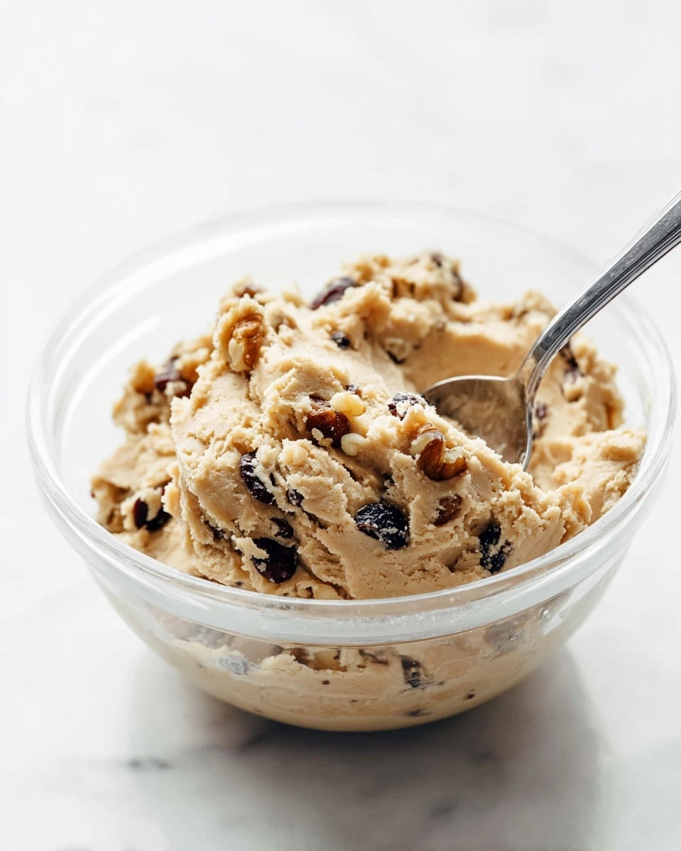 A clear round bowl filled with chunky cookie dough that has a beige color with soft texture and visible mix-ins like small dark raisins and walnuts scattered throughout. A silver spoon is placed inside the bowl, angled upwards and leaning on the edge. The bowl sits on a white marbled surface with a bright and clean background, highlighting the rough and mixed layers of dough. photo taken with an iphone --ar 4:5 --v 7