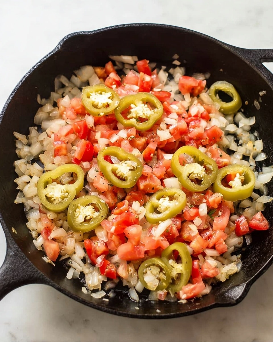 A black cast iron pan holds a cooked mix of diced white onions, small red tomato pieces, and round slices of pale green peppers spread evenly across the pan surface. The onions have a soft, translucent texture while the tomatoes look fresh and slightly juicy. The pepper rings sit on top, showing some seeds inside, giving a mix of smooth and slightly rough textures. The pan rests on a white marbled surface. photo taken with an iphone --ar 4:5 --v 7