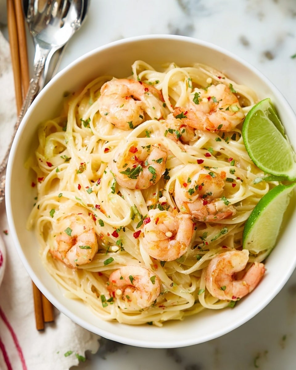A white bowl filled with a shrimp pasta dish layered with creamy, light-colored noodles twisted around plump, pink shrimp scattered evenly throughout. Bright green lime wedges rest along the edges inside the bowl. The dish is sprinkled with small green herb flakes and tiny red chili flakes, adding texture and color contrast. The bowl is placed on a white marbled surface with a silver fork and wooden chopsticks nearby, partially visible in the background. photo taken with an iphone --ar 4:5 --v 7